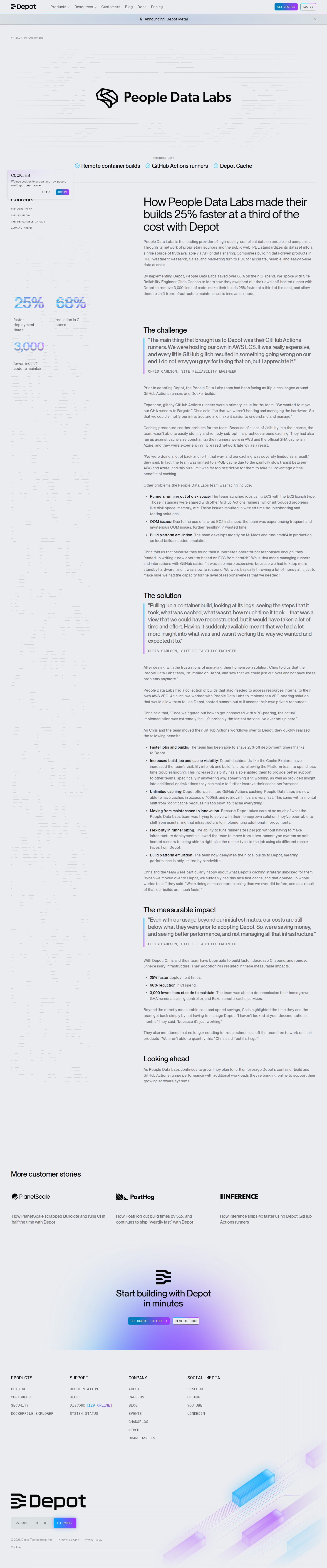 Screenshot of Depot x People Data Labs: 68% cheaper CI, 3,000 lines of code gone