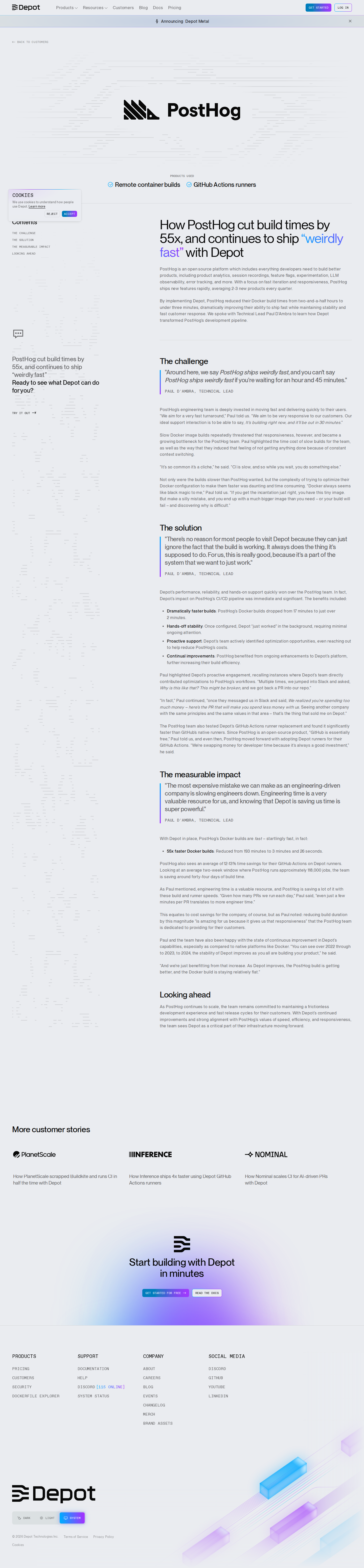 Screenshot of Depot x PostHog: 55x faster builds for a team that ships weirdly fast
