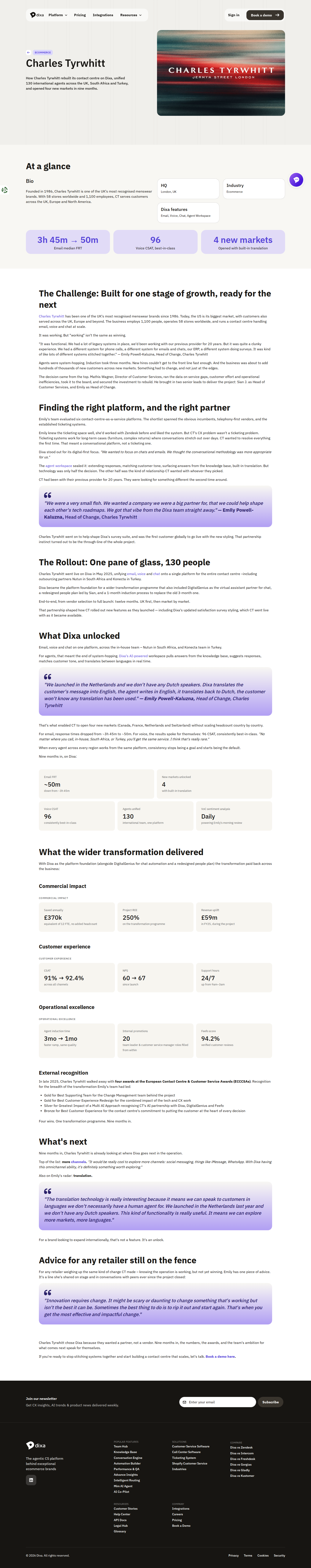 Screenshot of Dixa x Charles Tyrwhitt, from stitched-together systems to 250% ROI in nine months