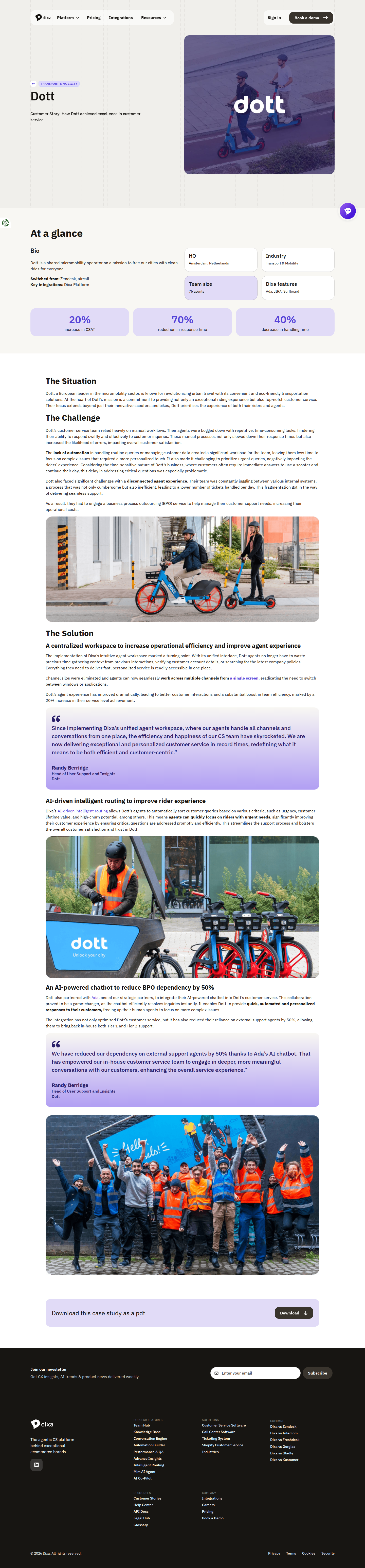 Screenshot of Dixa x Dott, 70% faster response and half the BPO dependency