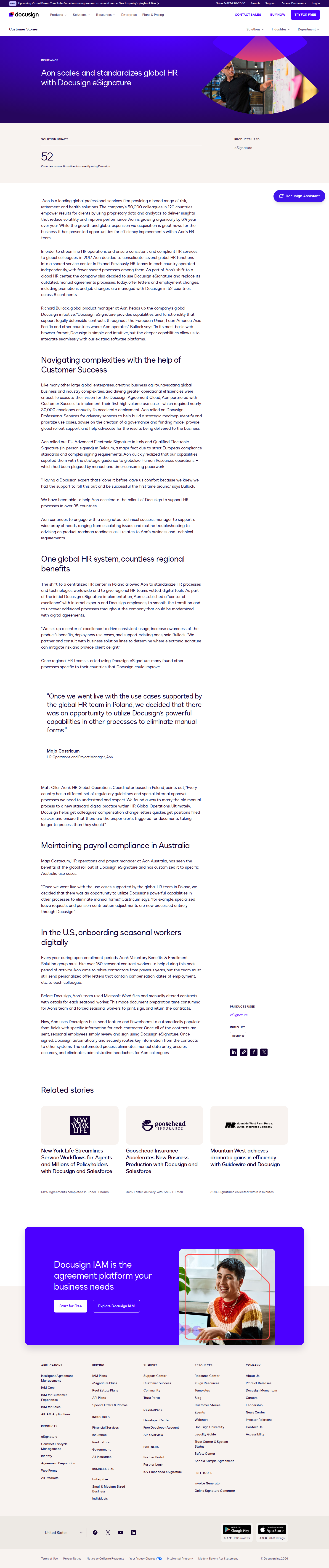 Screenshot of Docusign x Aon, scaling compliant HR agreements across 52 countries