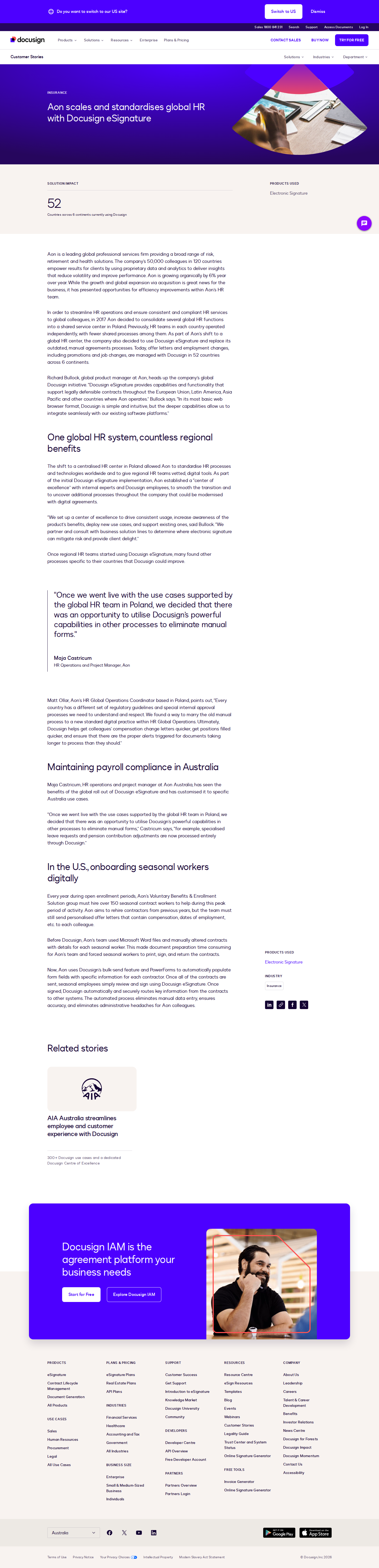 Full screenshot of Docusign x Aon, standardising global HR agreements at scale