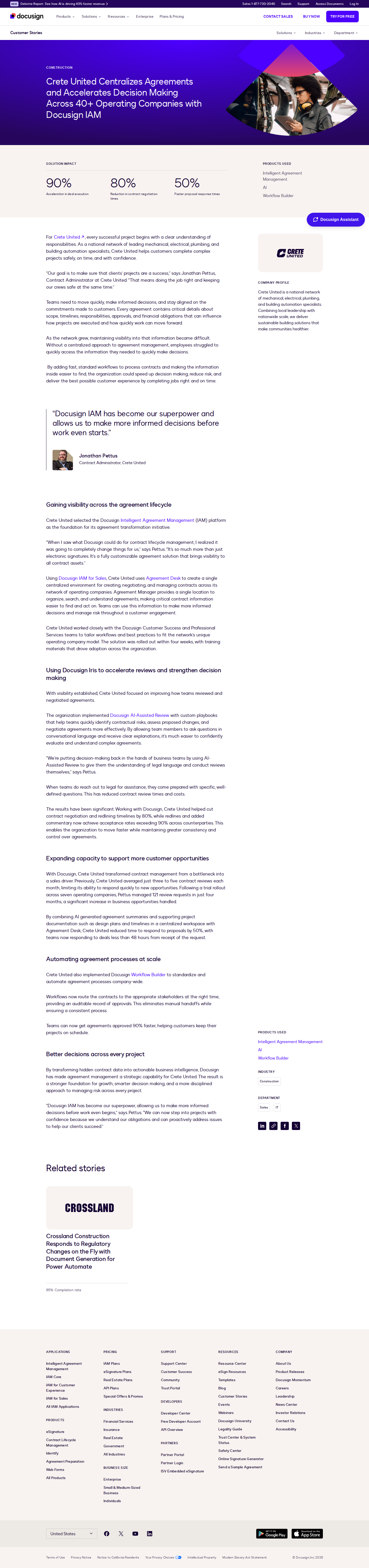 Full screenshot of Docusign x Crete United, contract bottleneck unlocks deal volume across 40+ companies