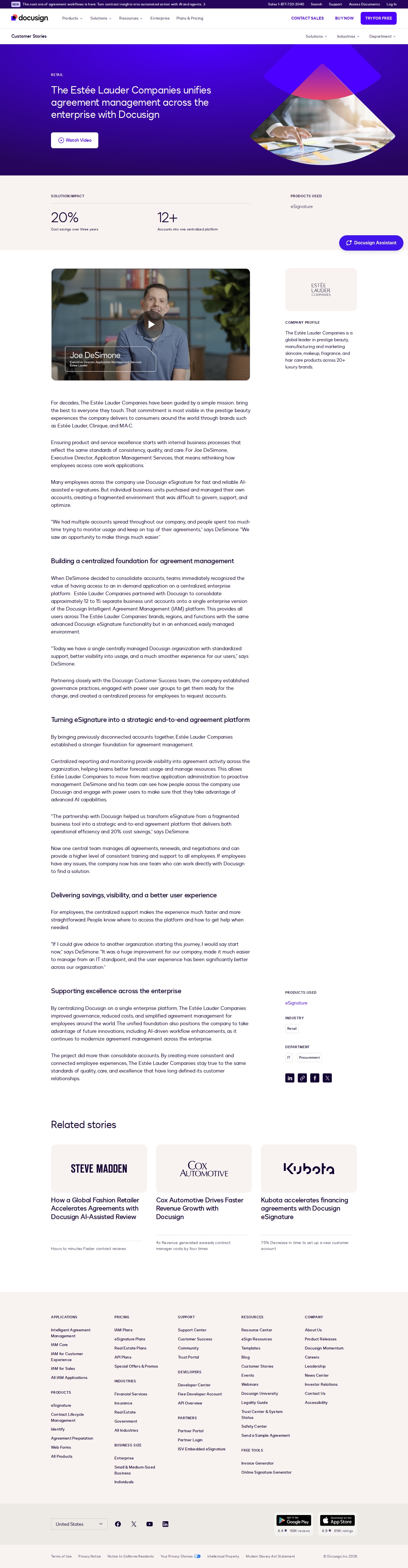 Screenshot of Docusign x Estée Lauder Companies, consolidating 12+ accounts into one enterprise platform