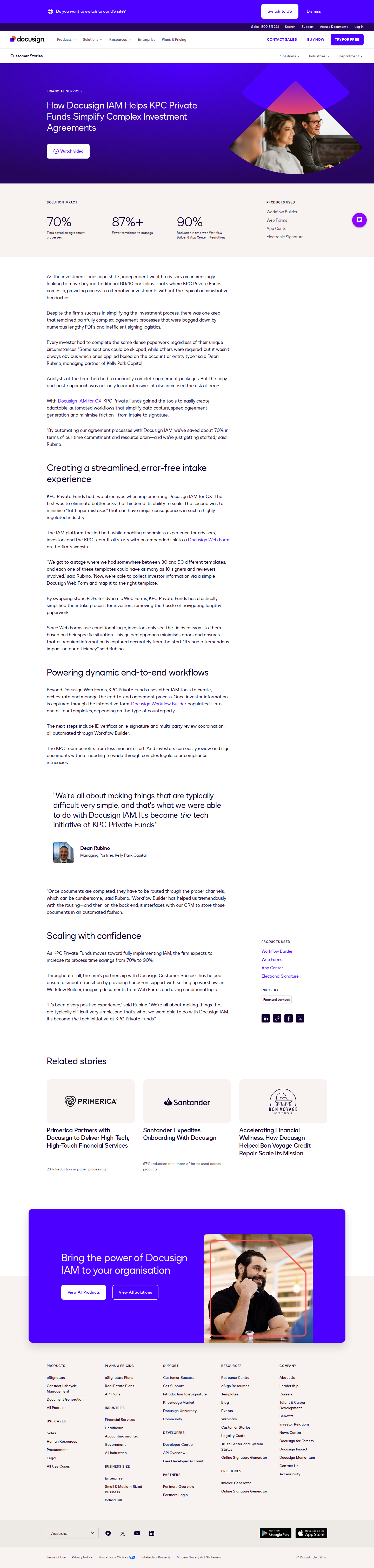 Full screenshot of Docusign x KPC Private Funds, 70% time saved on complex investment agreements