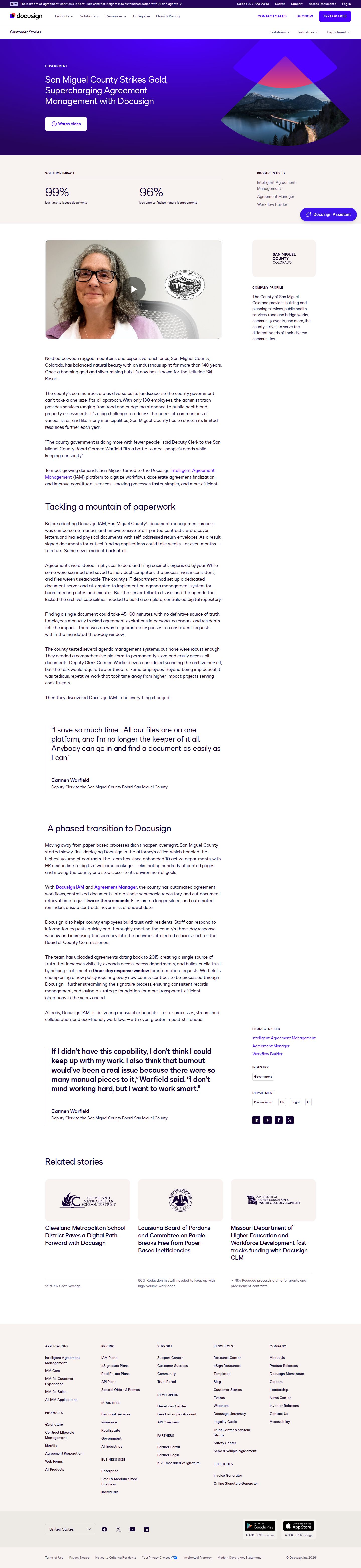 Screenshot of Docusign x San Miguel County, from 60-minute document hunts to 3-second retrievals
