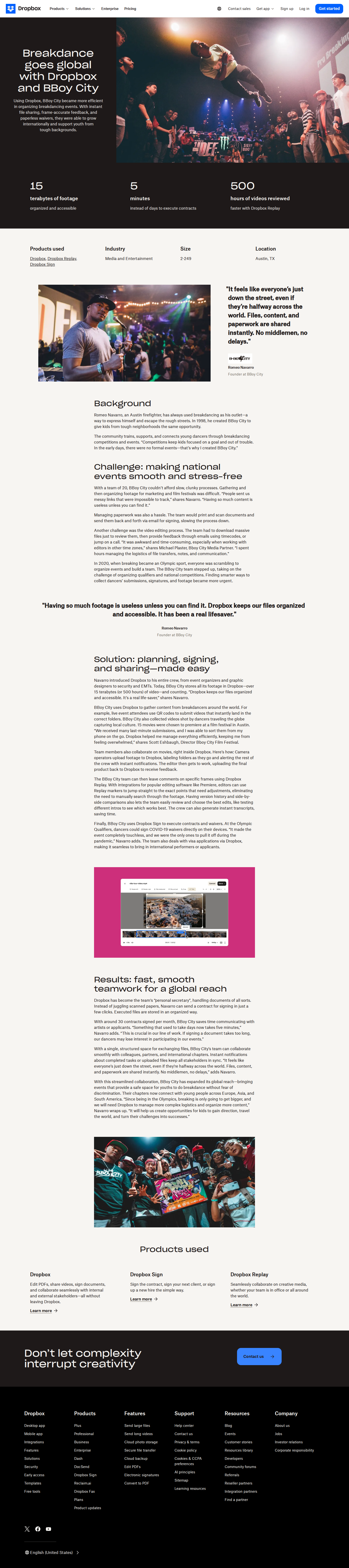Full screenshot of Dropbox x BBoy City, from chaotic file sprawl to global reach