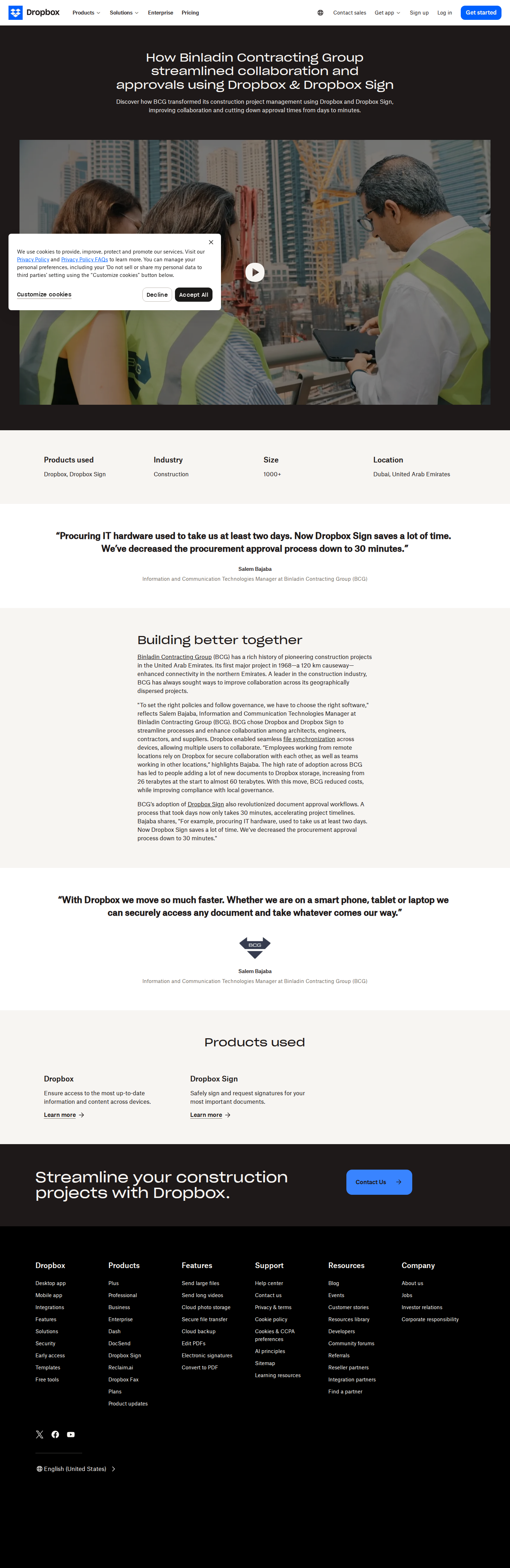 Full screenshot of Dropbox x Binladin Contracting Group, approvals from 2 days to 30 minutes