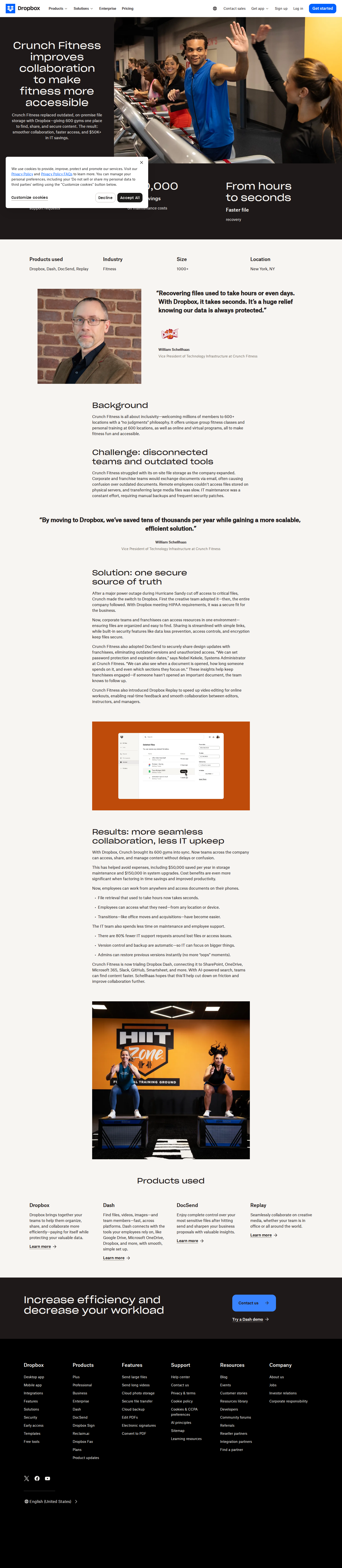 Screenshot of Dropbox x Crunch Fitness, $50K saved and 80% fewer IT support tickets
