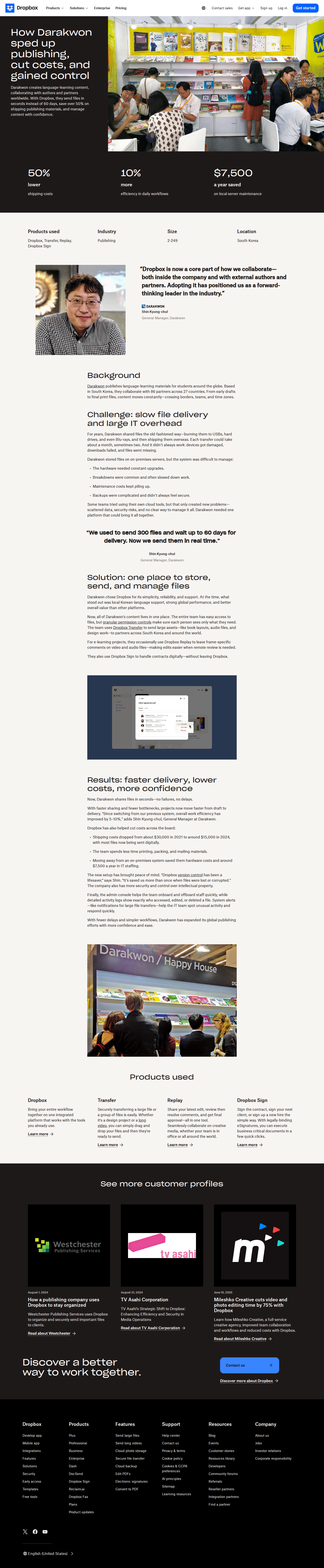 Screenshot of Dropbox x Darakwon, from 60-day shipments to real-time file delivery