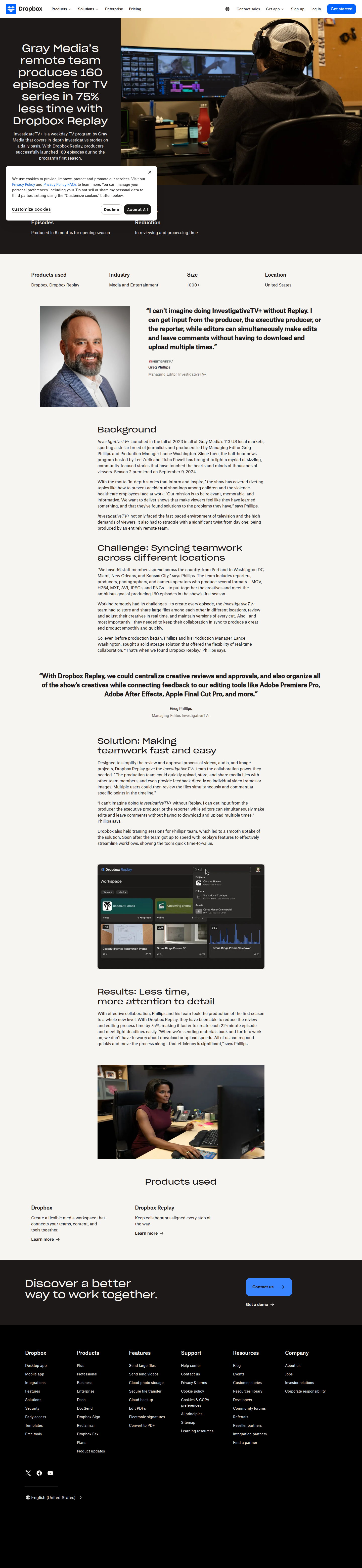 Screenshot of Dropbox x Gray Media, 75% faster remote TV production