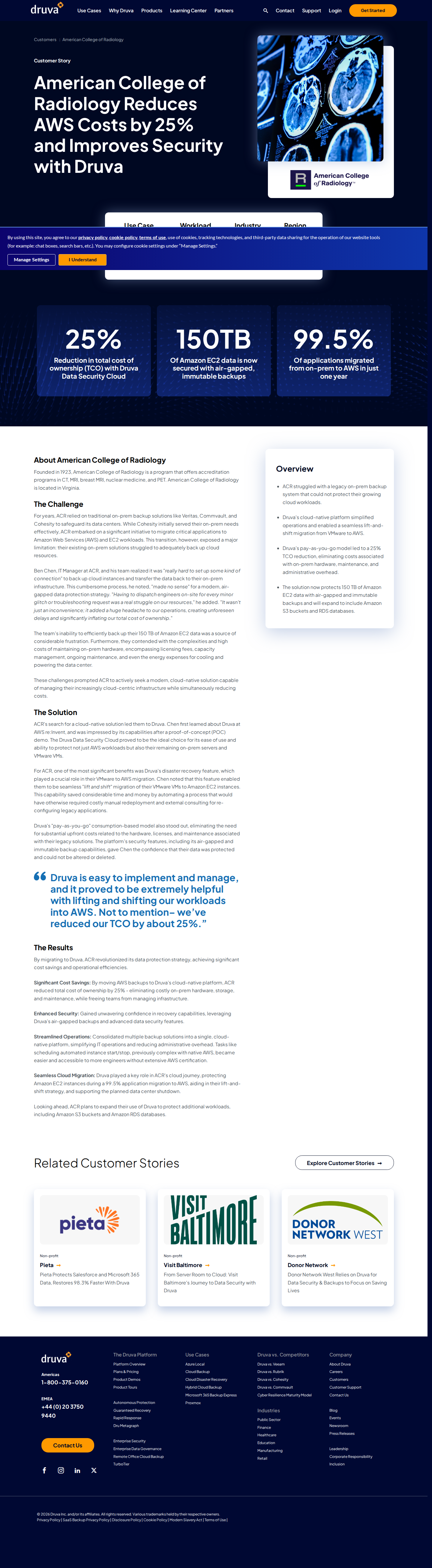 Screenshot of Druva x American College of Radiology, 25% TCO cut on cloud migration