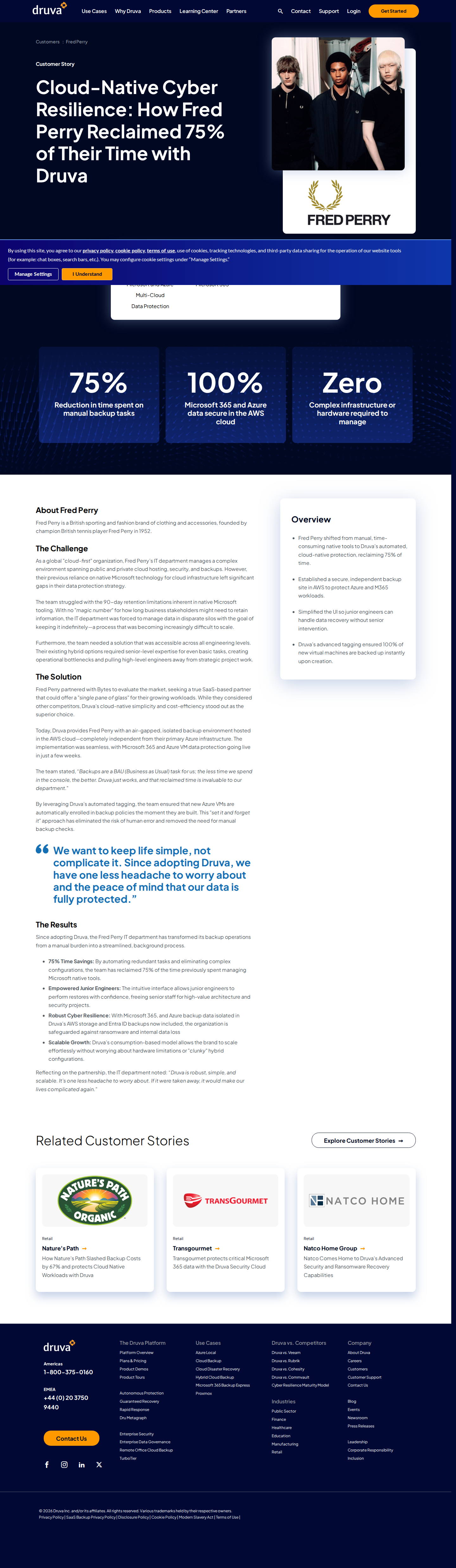 Screenshot of Druva x Fred Perry, 75% of backup time reclaimed with cloud-native automation