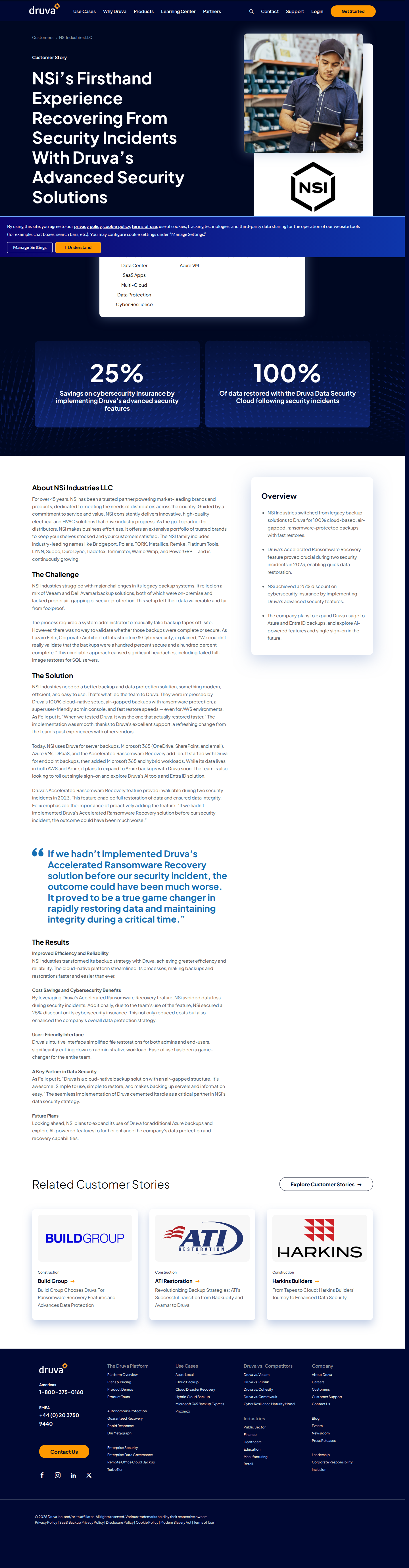 Screenshot of Druva x NSi Industries, ransomware incidents survived with 100% data restored