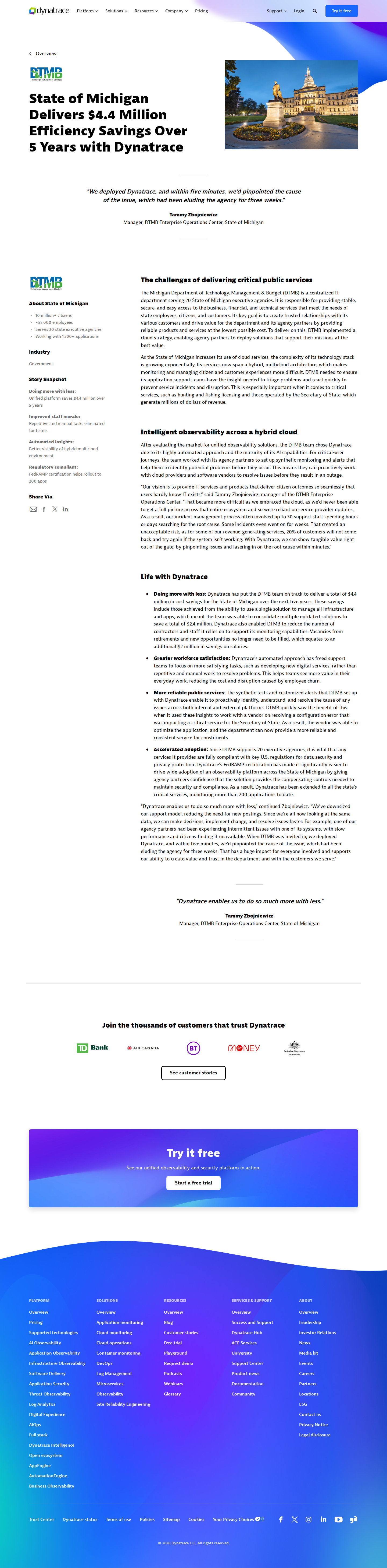 Screenshot of Dynatrace x State of Michigan, $4.4M saved by unifying hybrid cloud observability