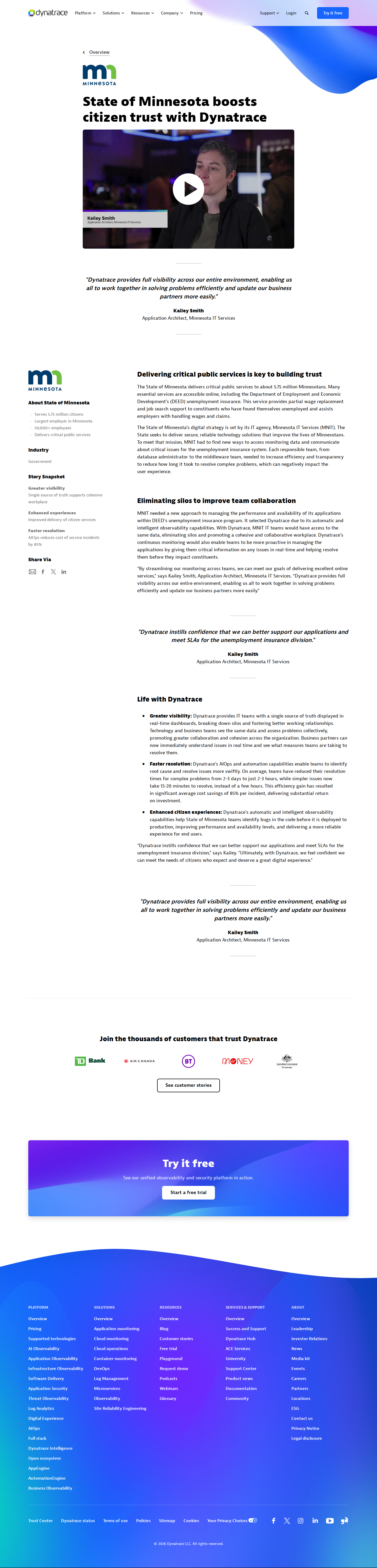 Screenshot of Dynatrace x State of Minnesota, 85% incident cost reduction for unemployment insurance