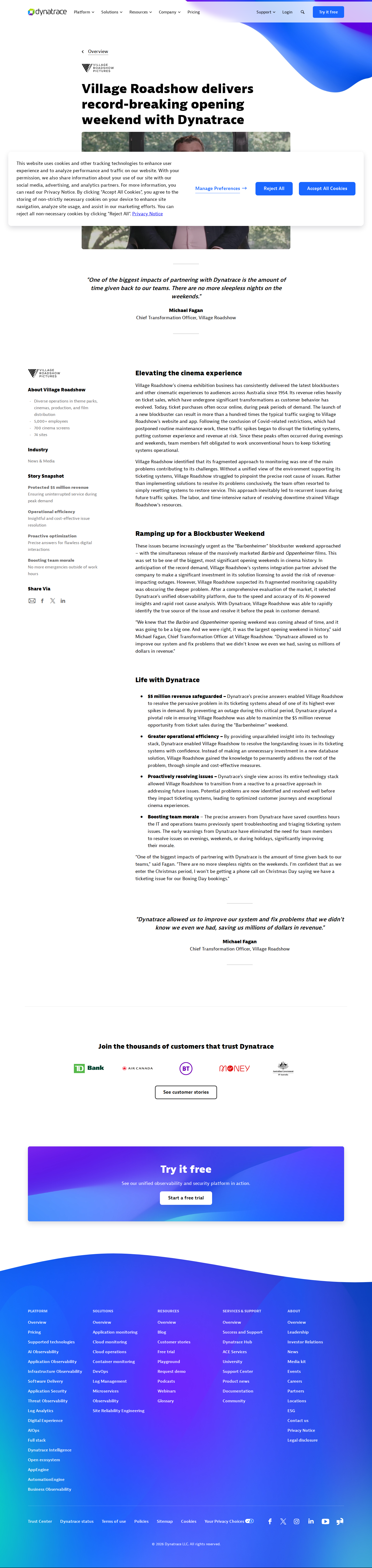 Screenshot of Dynatrace x Village Roadshow, $5M protected on cinema's biggest weekend