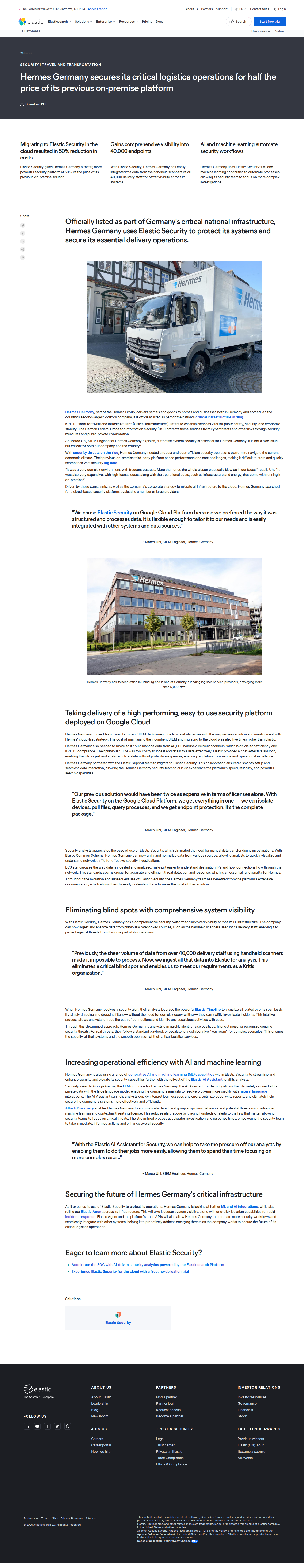 Screenshot of Elastic x Hermes Germany, critical logistics security at half the price