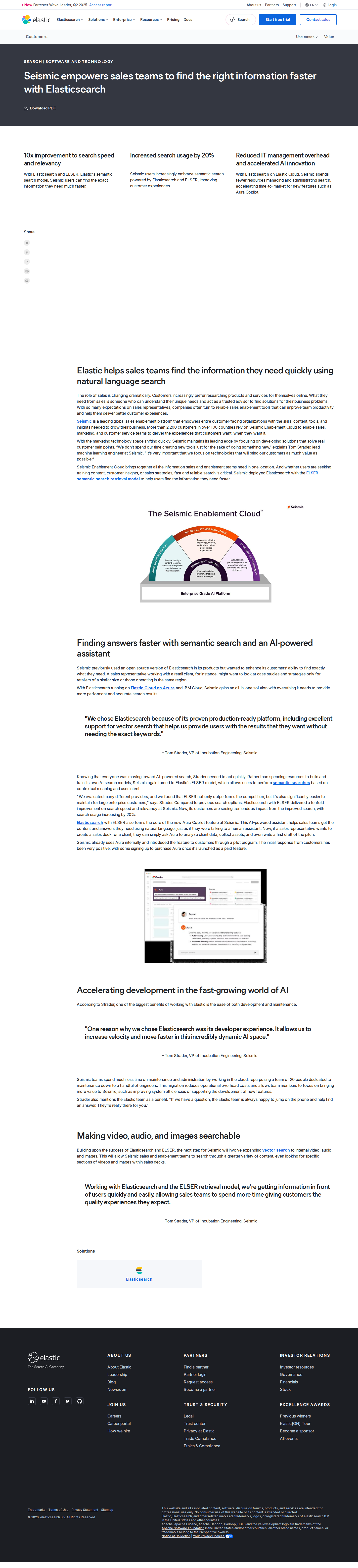 Full screenshot of Elastic x Seismic: 10x search speed lifts sales enablement platform
