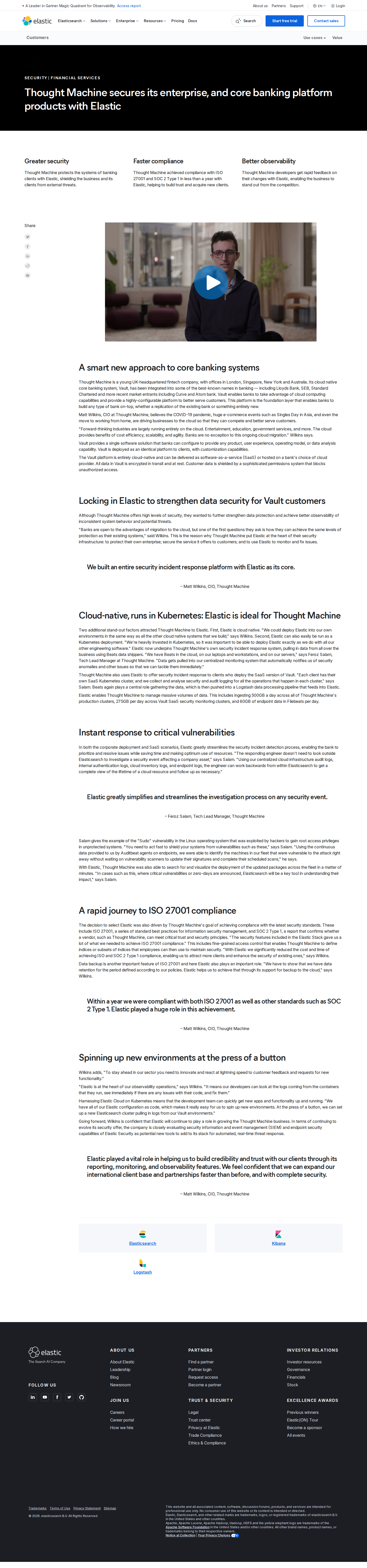 Screenshot of Elastic x Thought Machine, securing a cloud-native core banking platform for enterprise clients