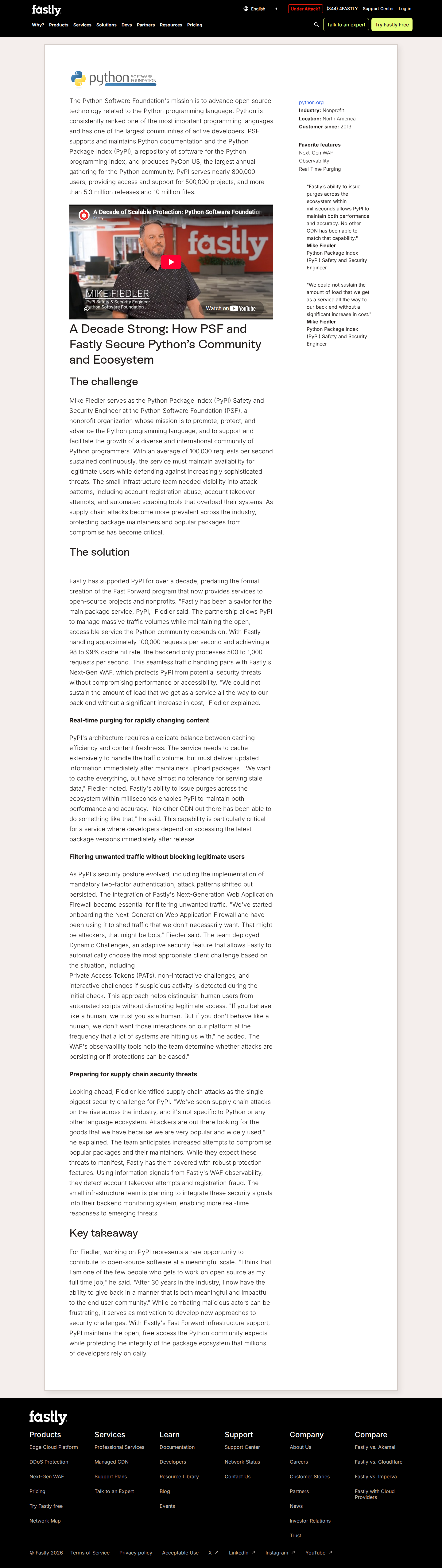 Screenshot of Fastly x Python Software Foundation, securing open-source infrastructure at 100k requests per second