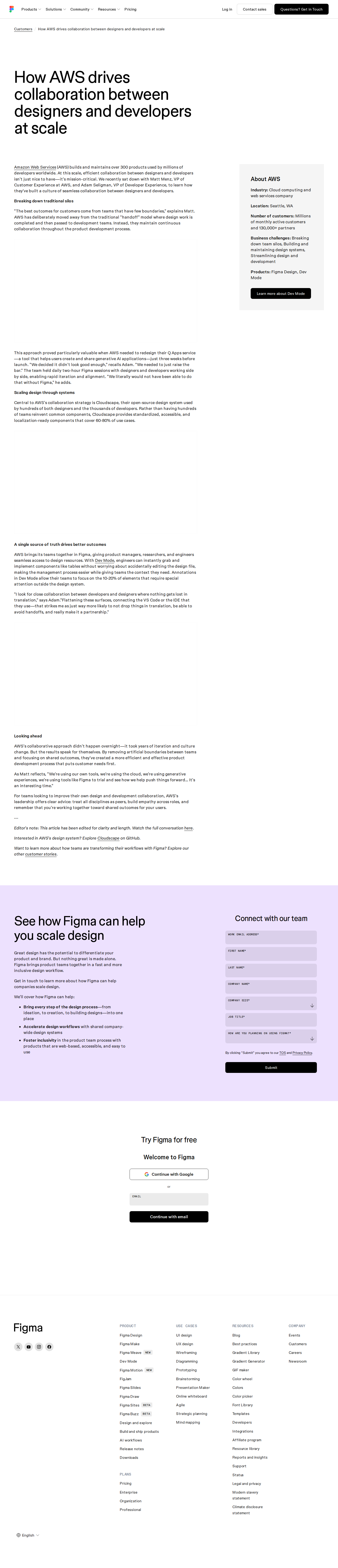 Screenshot of Figma x AWS, scaling designer-developer collaboration across 300+ products
