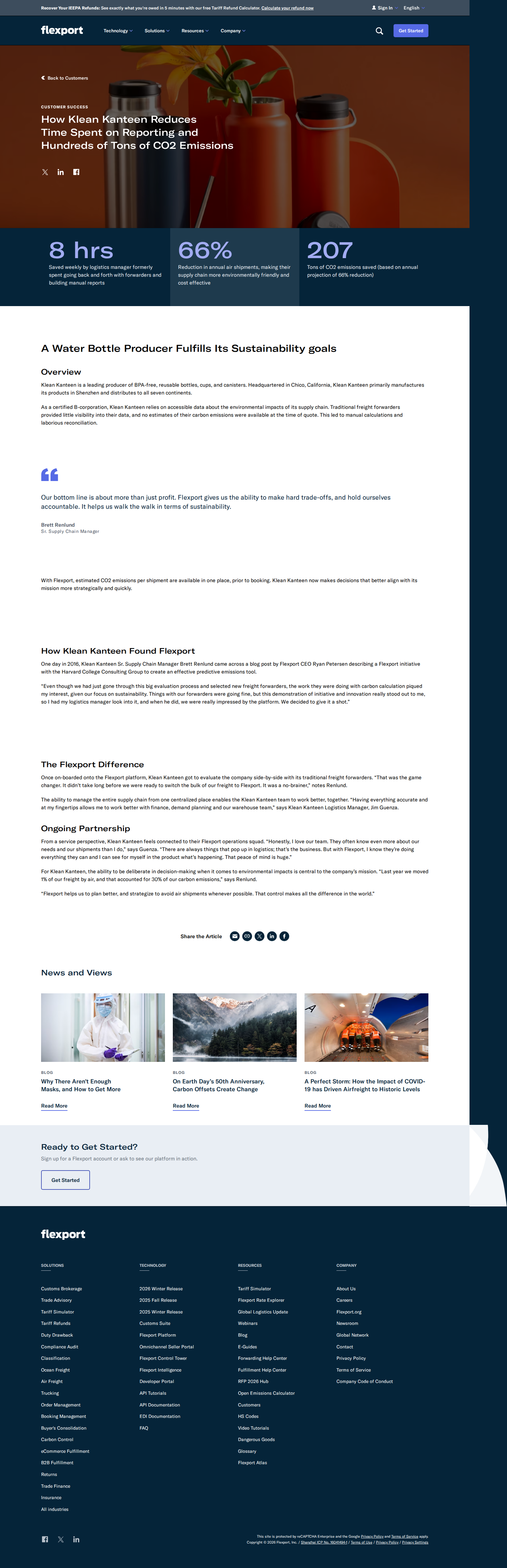 Screenshot of Flexport x Klean Kanteen, from emissions guesswork to deliberate sustainability decisions