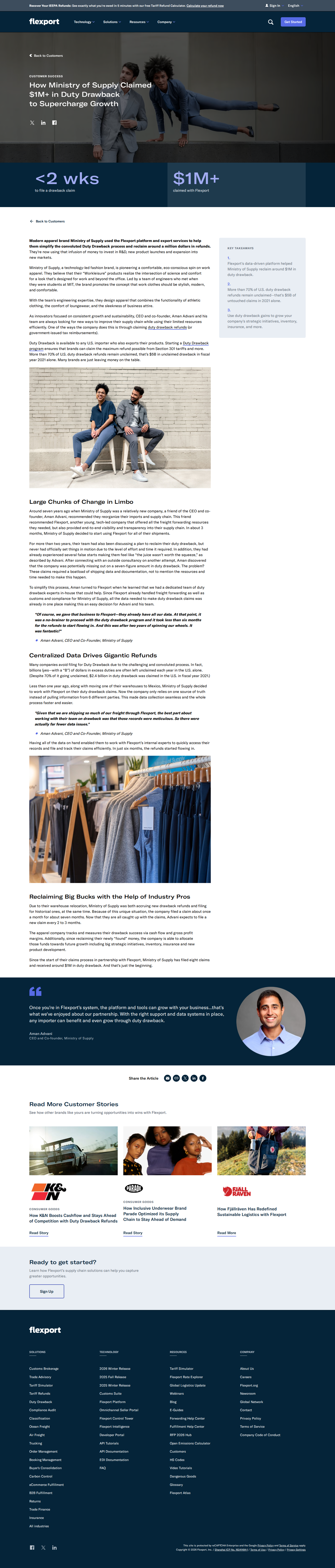 Full screenshot of Flexport x Ministry of Supply, $1M recovered from duty drawback limbo