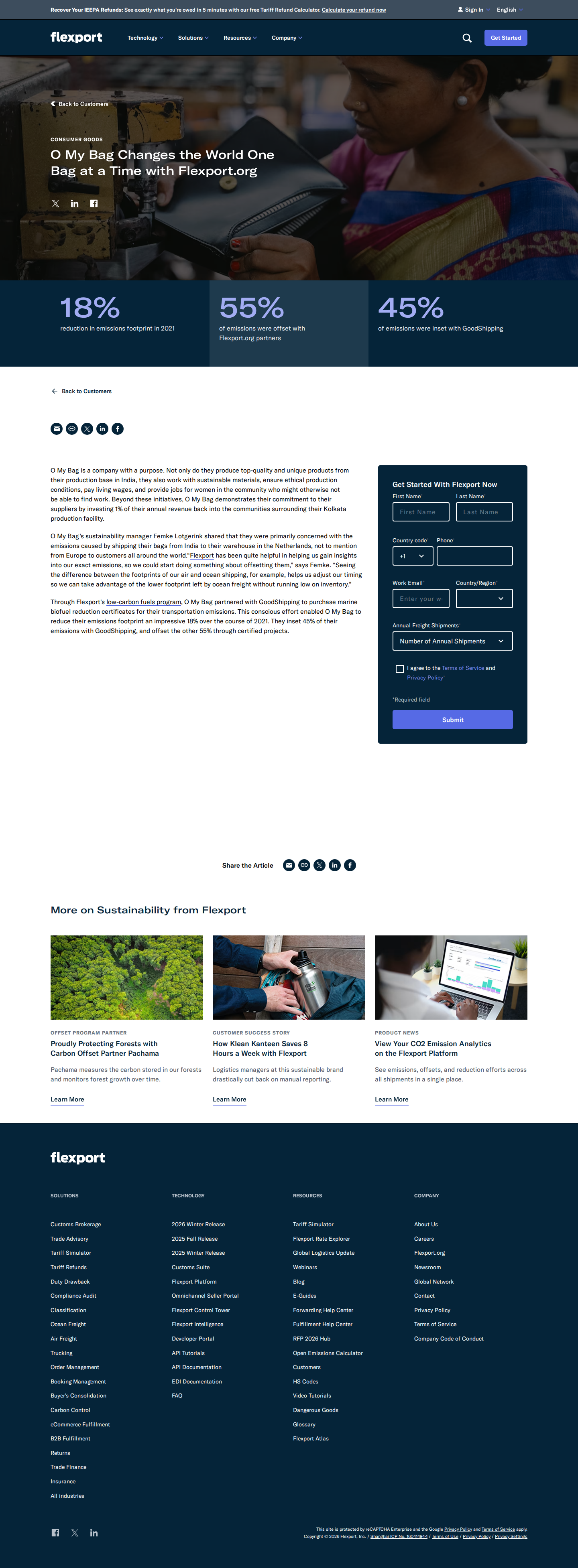 Screenshot of Flexport x O My Bag, 18% emissions cut through freight visibility