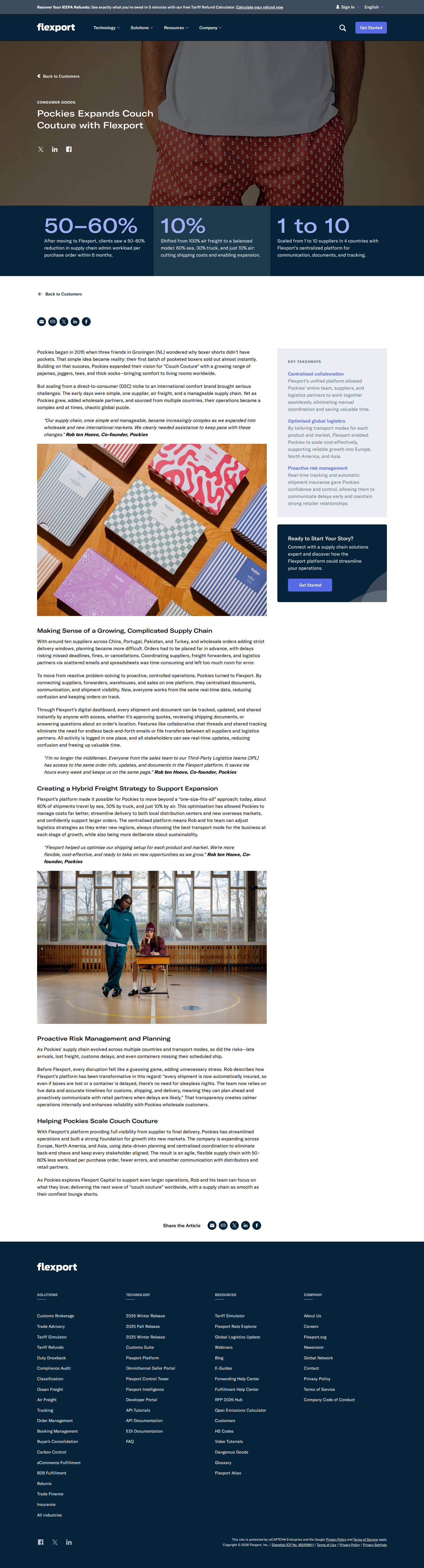 Full screenshot of Flexport x Pockies, from supply chain chaos to couch couture at scale