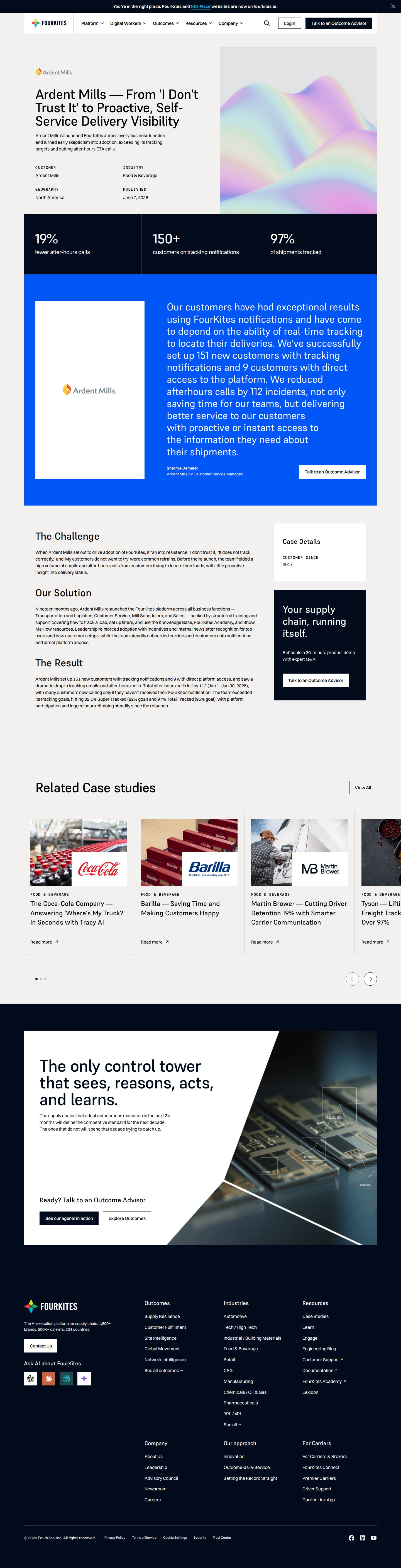 Screenshot of FourKites x Ardent Mills, turning internal skeptics into self-service adopters