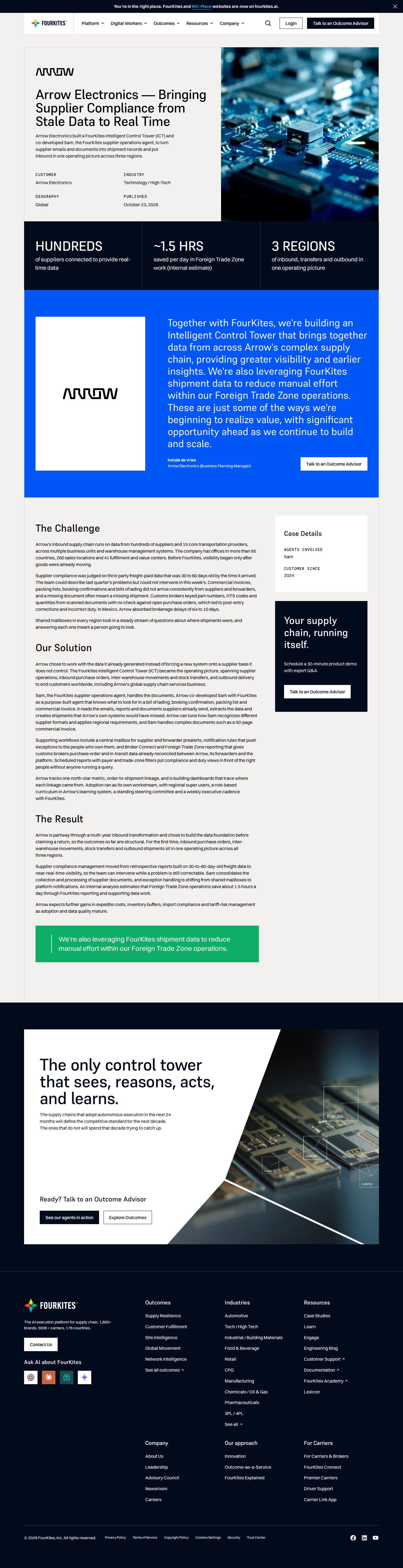 Screenshot of FourKites x Arrow Electronics, from 60-day-old data to real-time inbound control