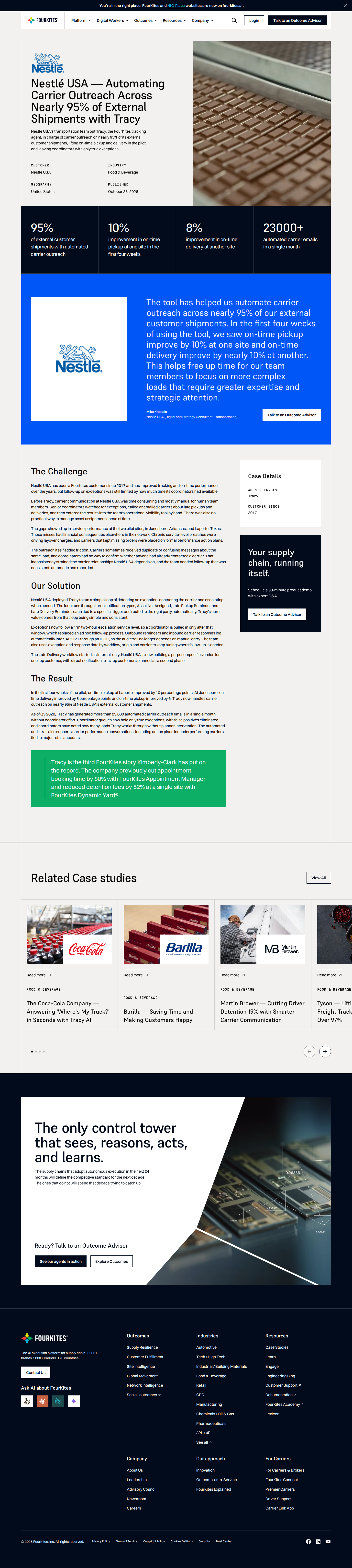 Screenshot of FourKites x Nestlé USA, automating 95% of carrier outreach with an AI agent