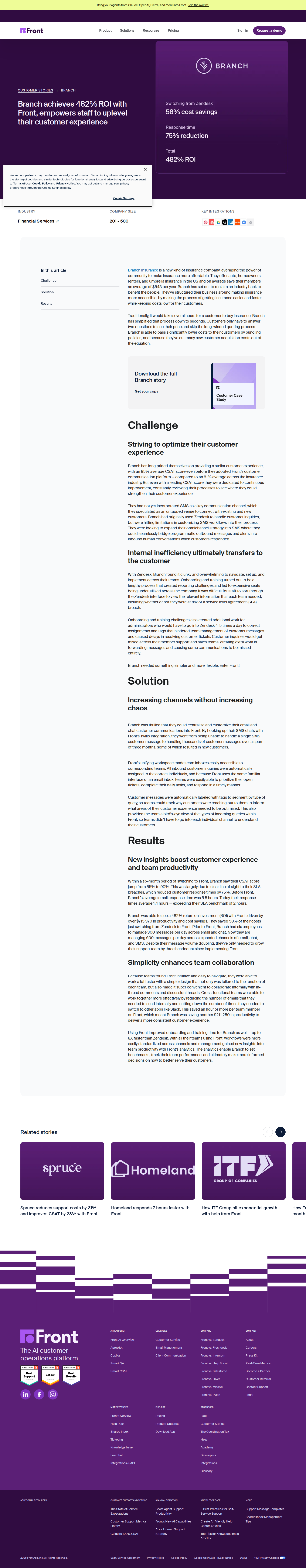 Screenshot of Front x Branch Insurance, 482% ROI by ditching Zendesk