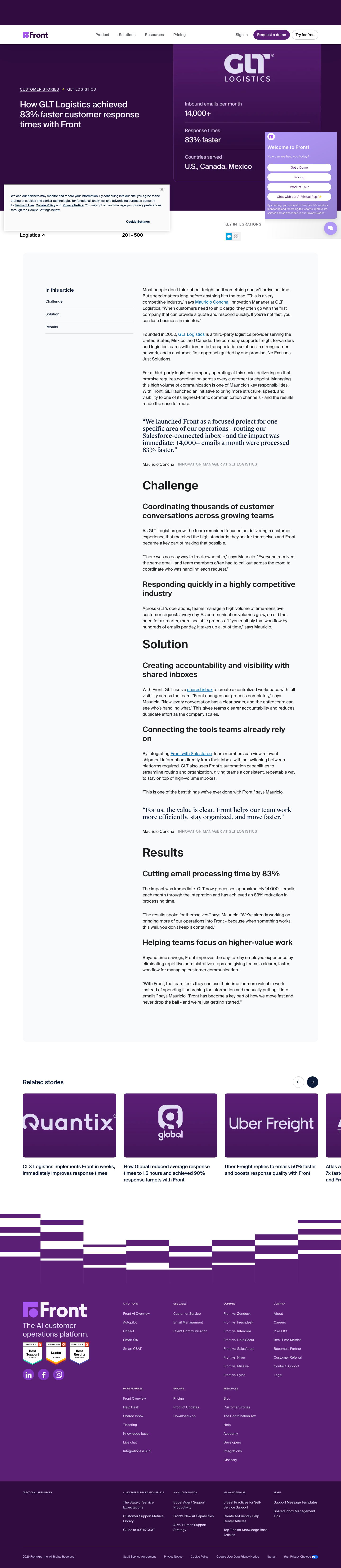 Screenshot of Front x GLT Logistics, 83% faster response times in a first-quote-wins industry