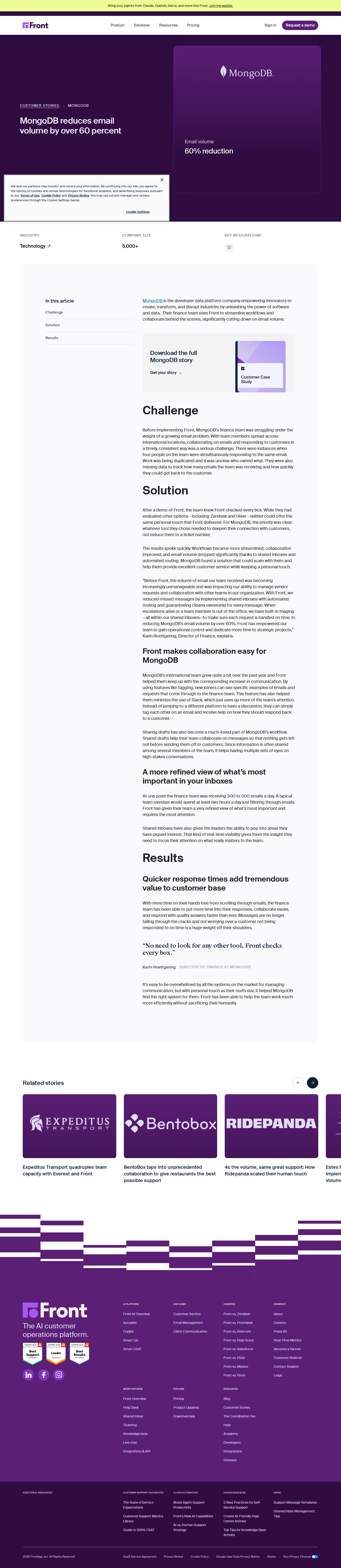 Screenshot of Front x MongoDB, 60% email volume cut for a sprawling finance team