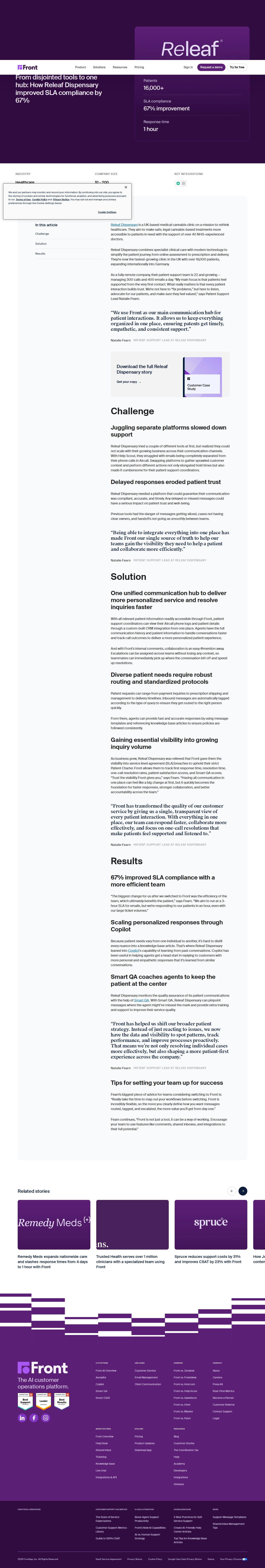 Full screenshot of Front x Releaf Dispensary, 67% SLA compliance gain by unifying patient comms