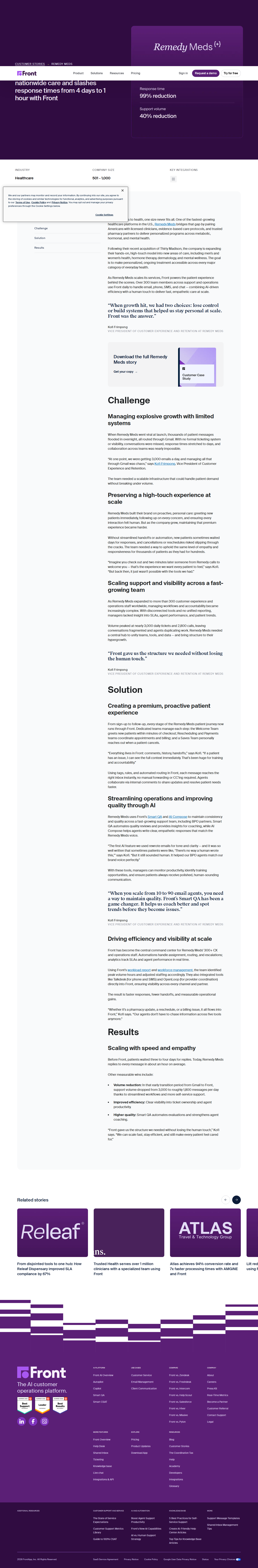 Full screenshot of Front x Remedy Meds, from 4-day waits to 1-hour replies at scale