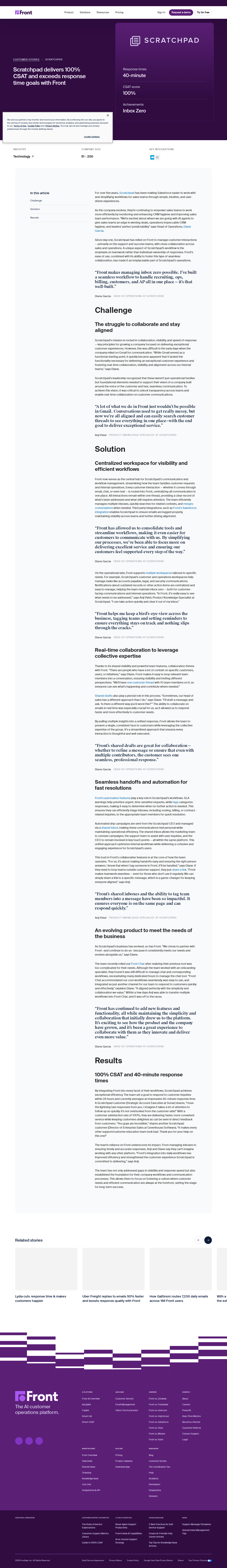 Screenshot of Front x Scratchpad, 100% CSAT from Gmail chaos