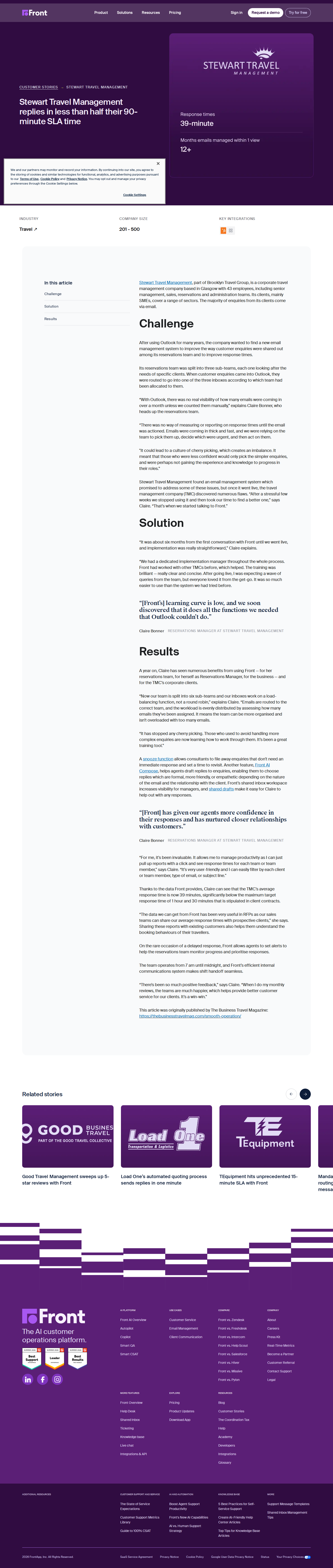 Full screenshot of Front x Stewart Travel Management, cutting response time to less than half the SLA
