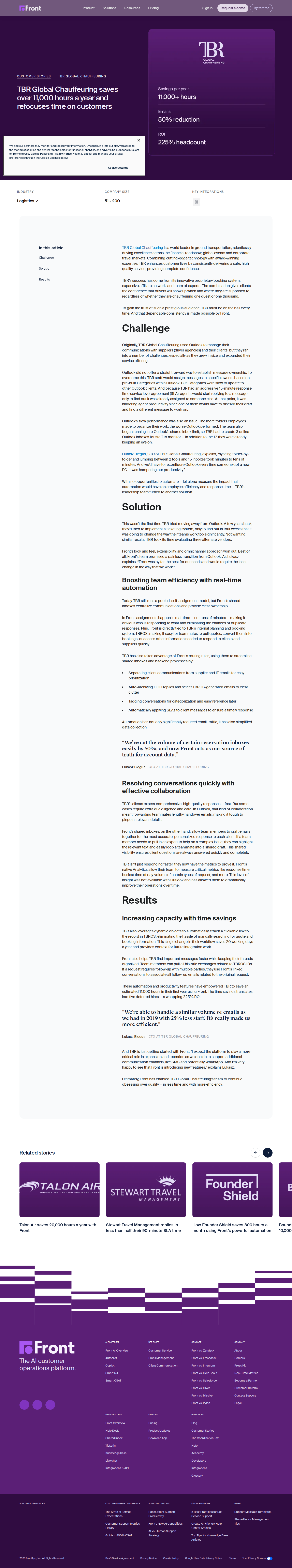 Screenshot of Front x TBR Global Chauffeuring, 11,000 hours saved by ditching Outlook