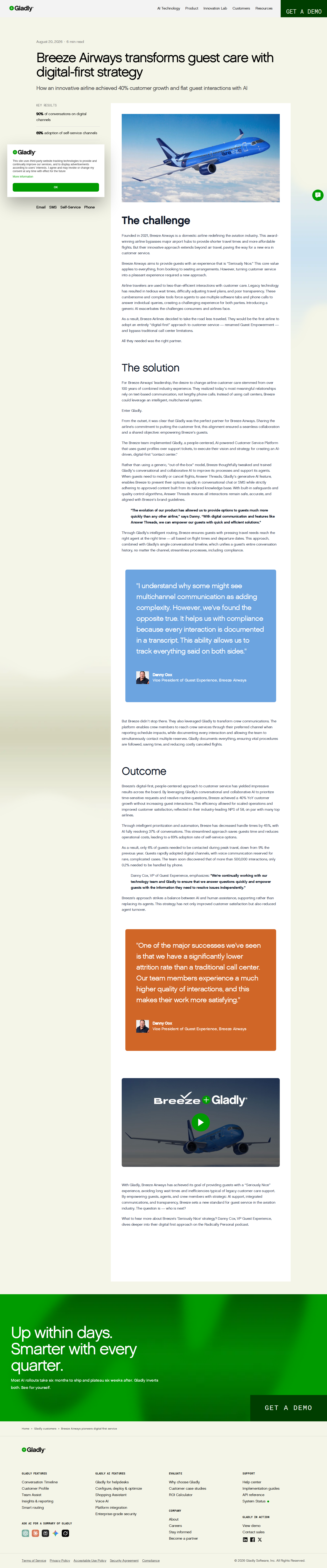 Screenshot of Gladly x Breeze Airways, 40% customer growth without adding interactions