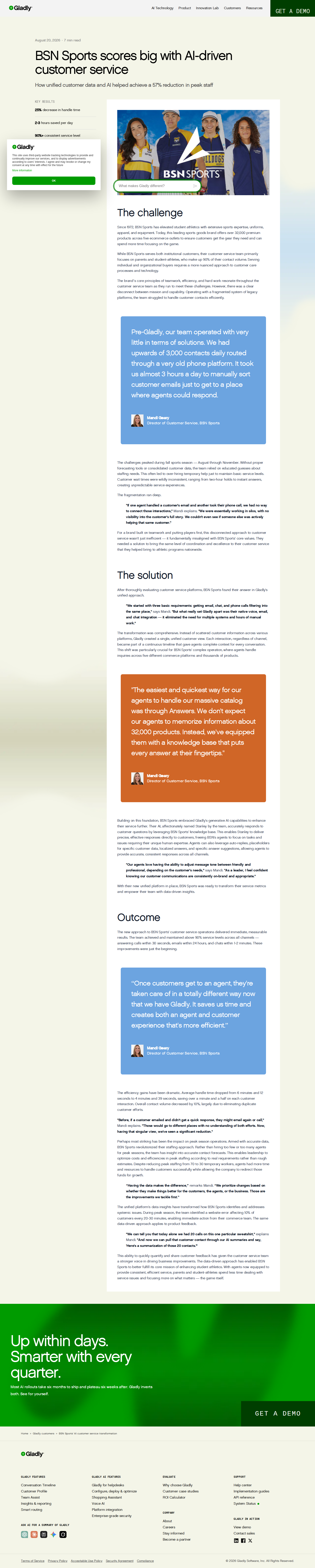Screenshot of Gladly x BSN Sports, 57% fewer peak-season staff with unified customer data