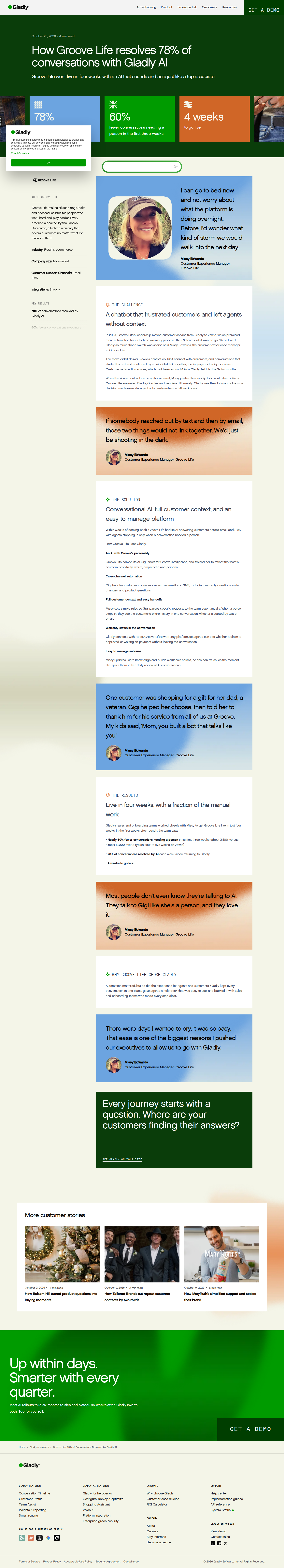 Screenshot of Gladly x Groove Life: 78% of support conversations resolved by AI after a failed competitor switch