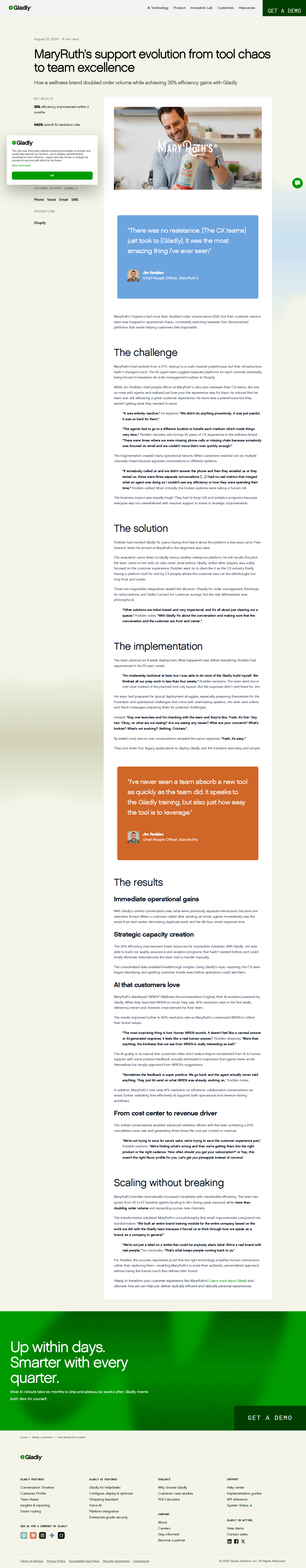 Screenshot of Gladly x MaryRuth's, from platform chaos to 35% efficiency gain