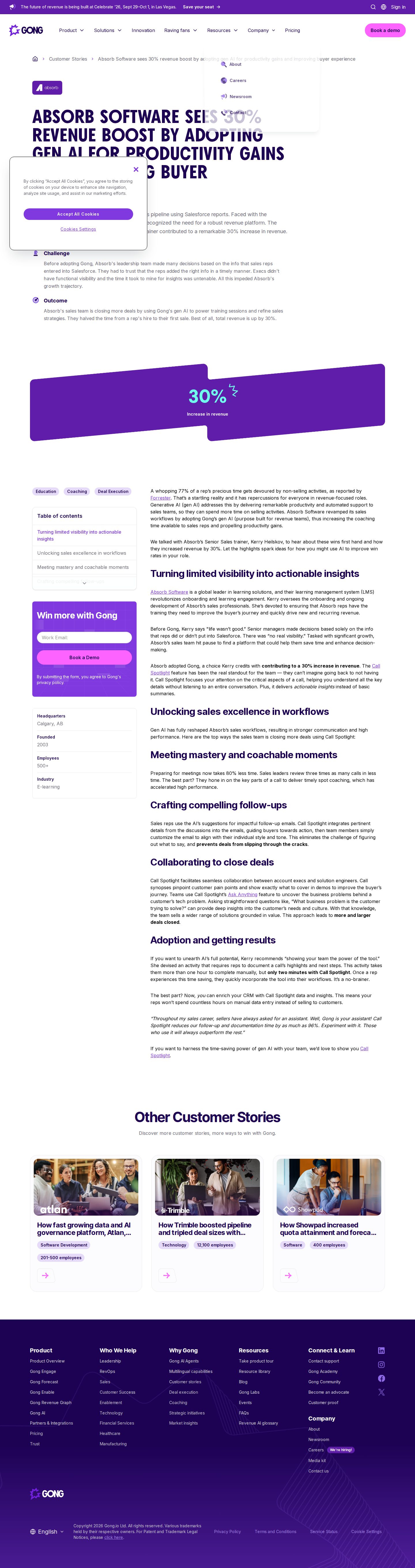 Screenshot of Gong x Absorb Software, 30% revenue boost via gen AI sales workflows