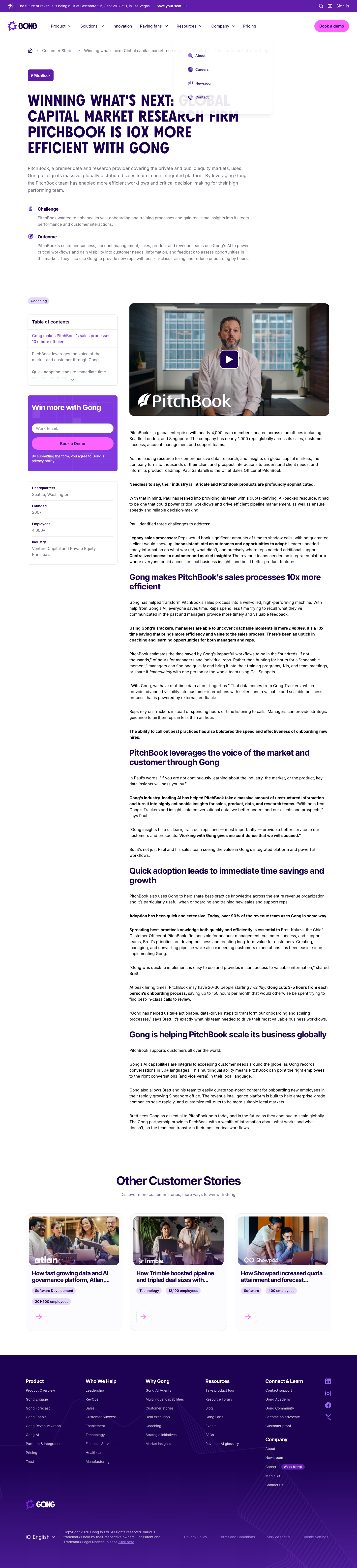 Screenshot of Gong × PitchBook — 10x more efficient ramp