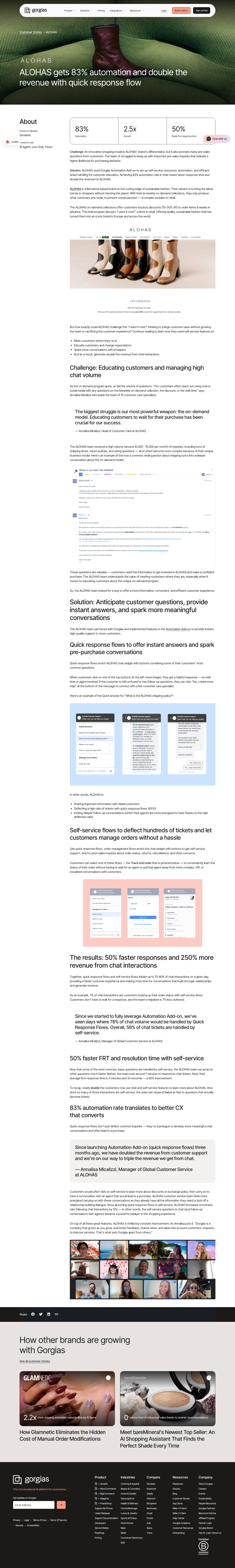 Screenshot of Gorgias x ALOHAS, 83% automation doubles chat revenue
