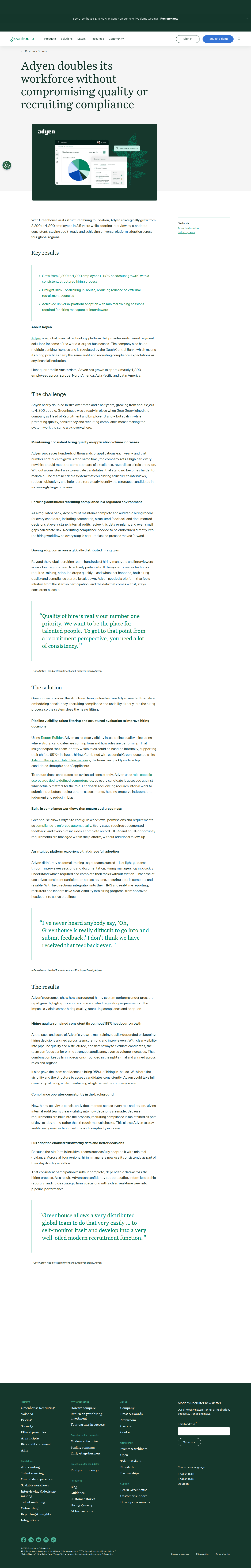 Screenshot of Greenhouse x Adyen: 118% headcount growth without quality or compliance slip