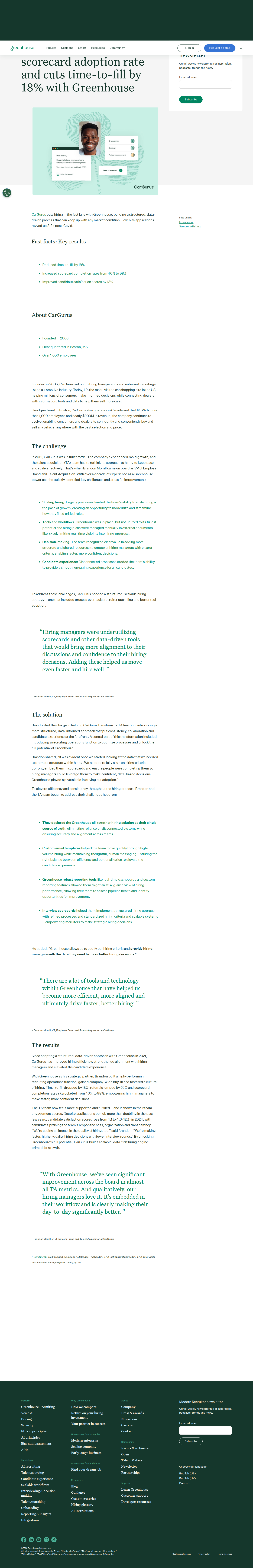 Screenshot of Greenhouse x CarGurus: Structured hiring cuts time-to-fill 18% as applications more than doubled
